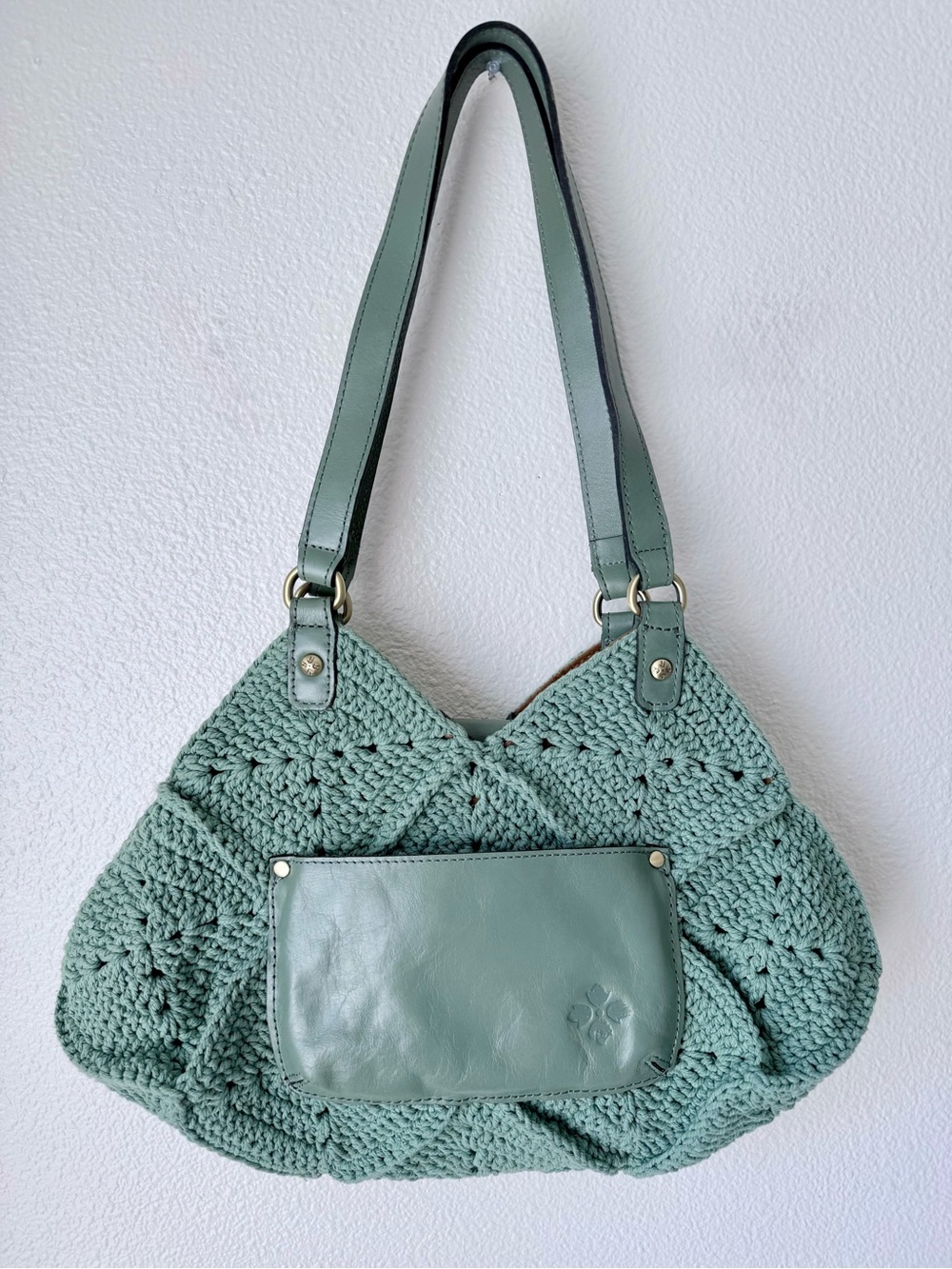 Patricia Nash Marti Diamond Crochet Shoulder Bag Sage Green Cotton | Leather - Picture 3 of 14